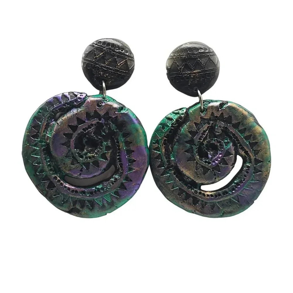 Iridescent Clay Artisan Round Dangle Drop Earrings Post Back Closure Vintage